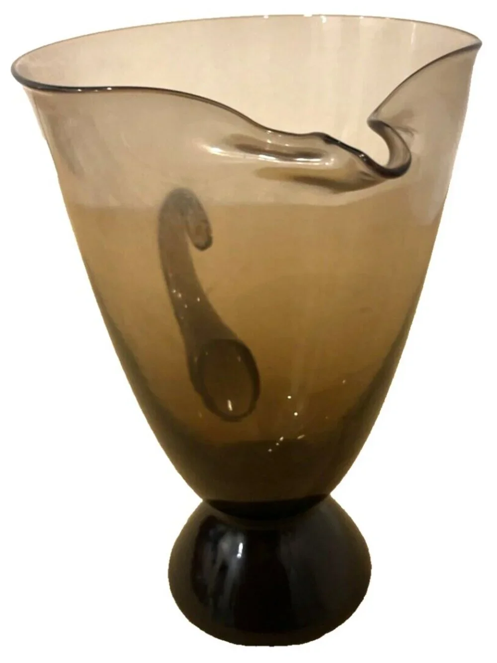 Vintage Mid Century Modern Smoke Gray Art Glass Pitcher Pinched Spout 9